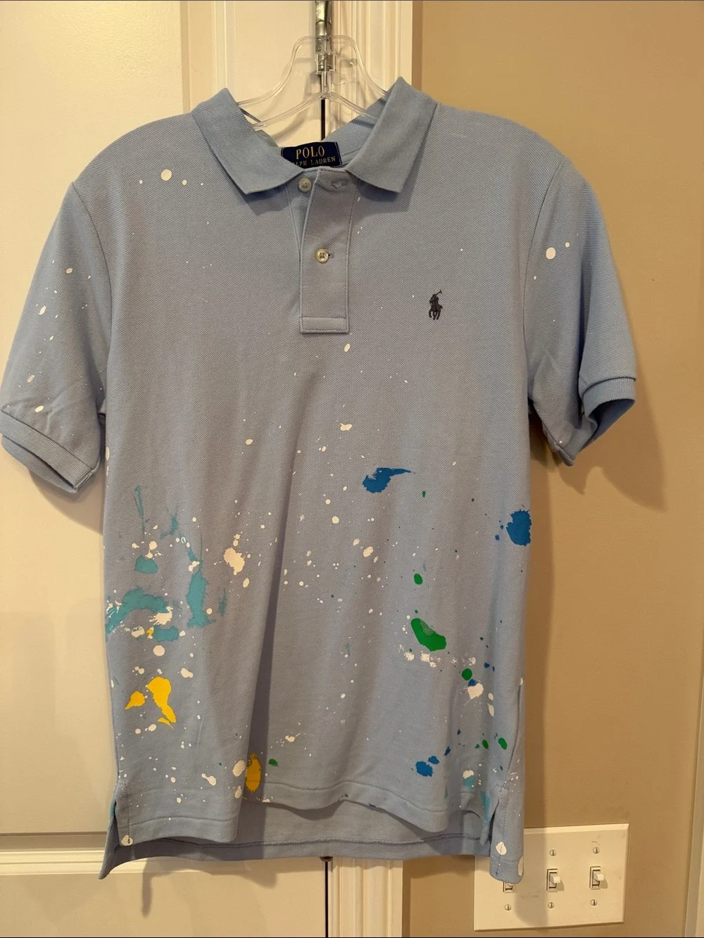 Ralph Lauren Light Blue Polo with Multicolor Paint Splatter - Kids
